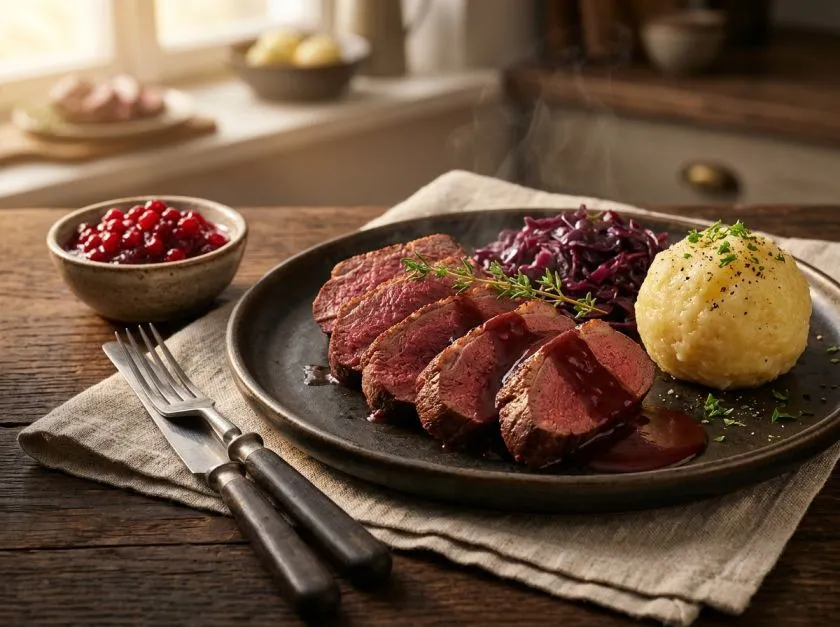 Hirschrücken Rezept: aufgeschnittener Hirschrücken mit Rotweinsoße, Rotkohl und Knödel